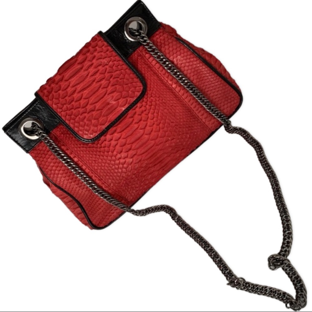 Genuine Exotic Leather And Python Chain Purse Fla… - image 1